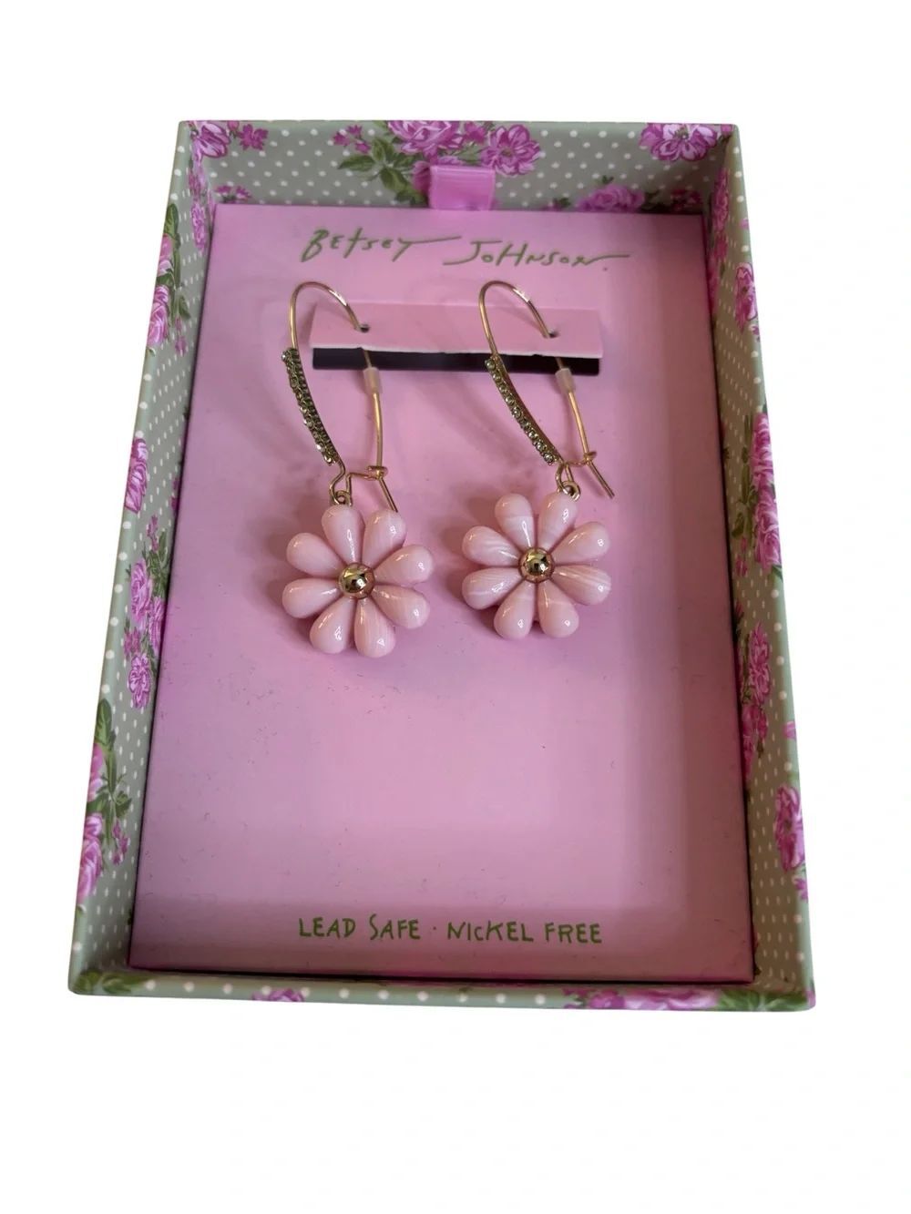 Pale Pink Daisy Drop Earrings with Crystal Accented Shepherd Hook Closures.